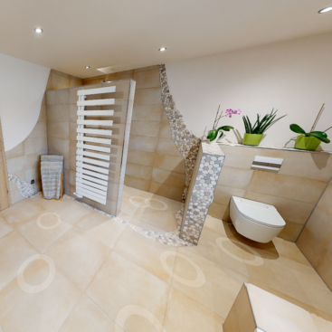 Fliesen in Betonoptik beige Bad mit Mosaik