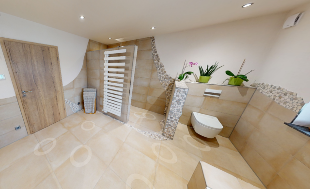 Fliesen in Betonoptik beige Bad mit Mosaik