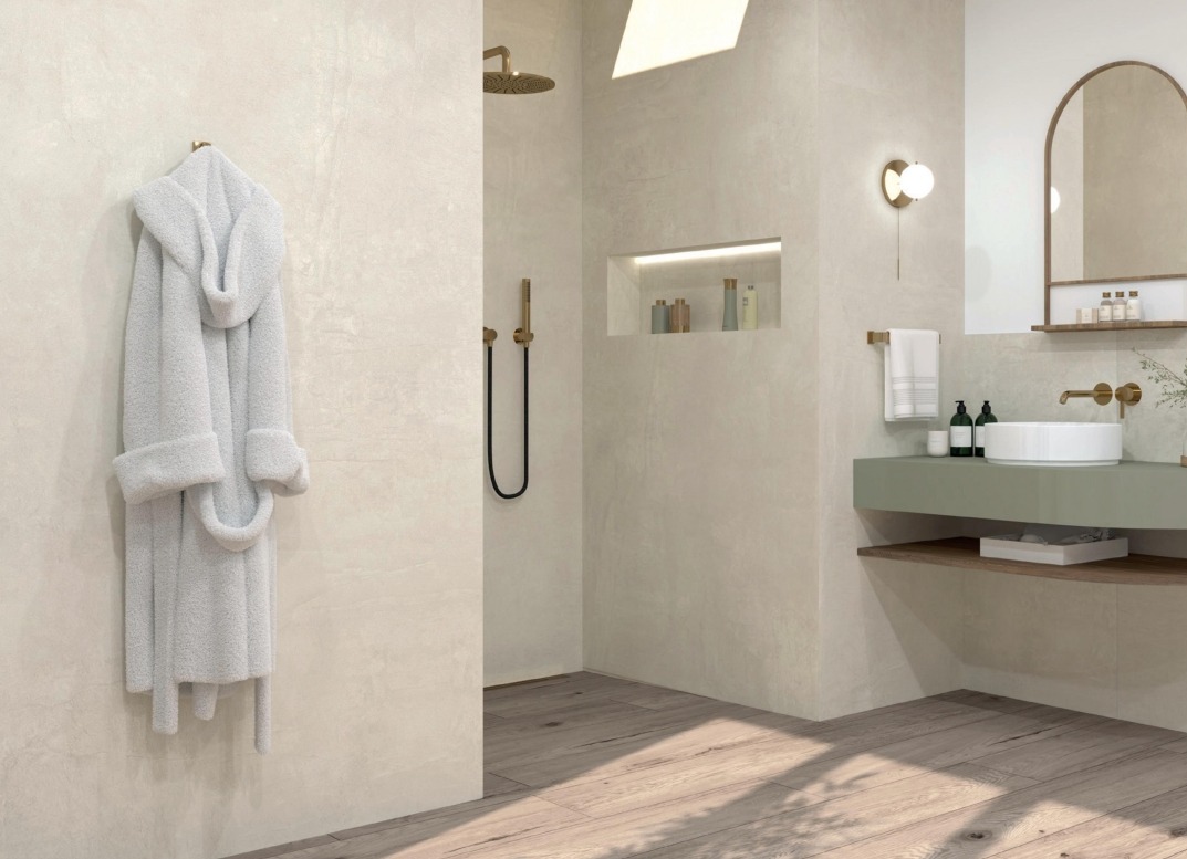 Bad mit beige Fliese in Betonoptik Interbau Empire