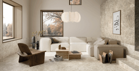 Großformatige Estro-Fliesen im Wohnbereich – ruhiges, harmonisches Raumdesign in natürlicher Steinoptik.