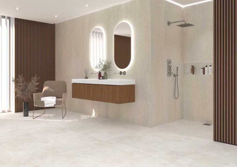 Bad mit Feinsteinzeug beige